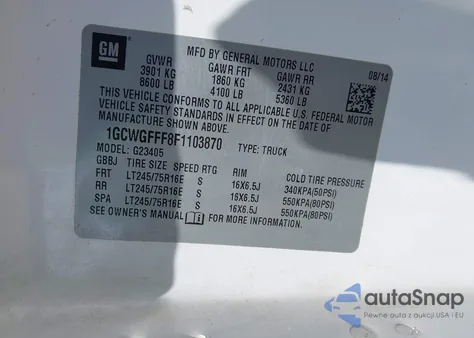 2015 Chevrolet Express 2500 Work Van from USA, damaged, VIN 1GCWGFFF8F1103870